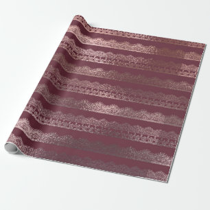 Papel De Presente Padrão de Faixa de rendas Dourada rosa no Borgonha