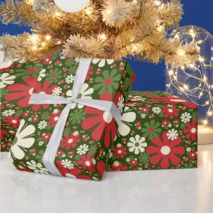 Papel De Presente Padrão de fantasia floral vermelho verde