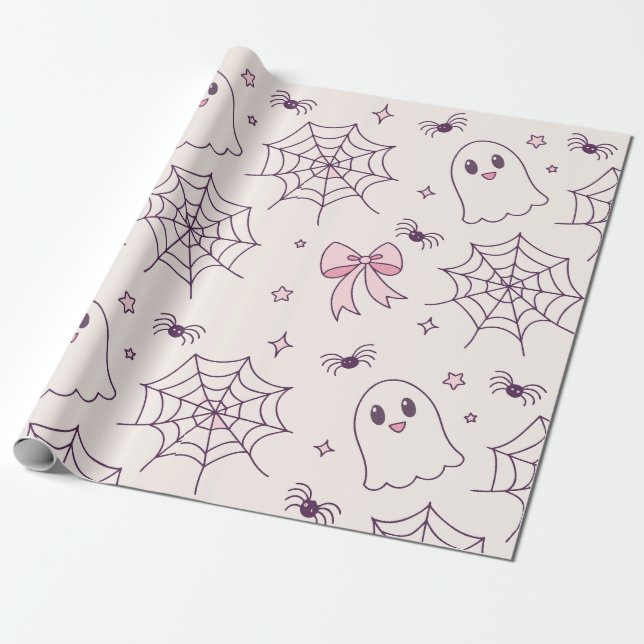 Papel De Presente Padrão de fantasma e teia do Dia das Bruxas (Desenrolado)