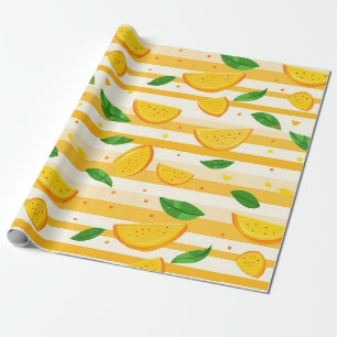 Papel De Presente Padrão de Fatia Laranja com Folhas Verdes