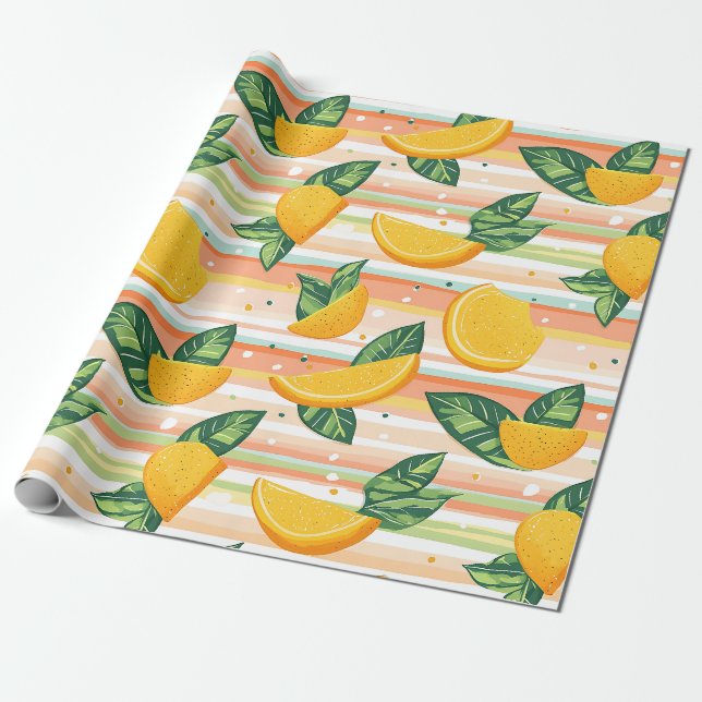 Papel De Presente Padrão de Fatia Laranja com Folhas Verdes no Paste (Desenrolado)
