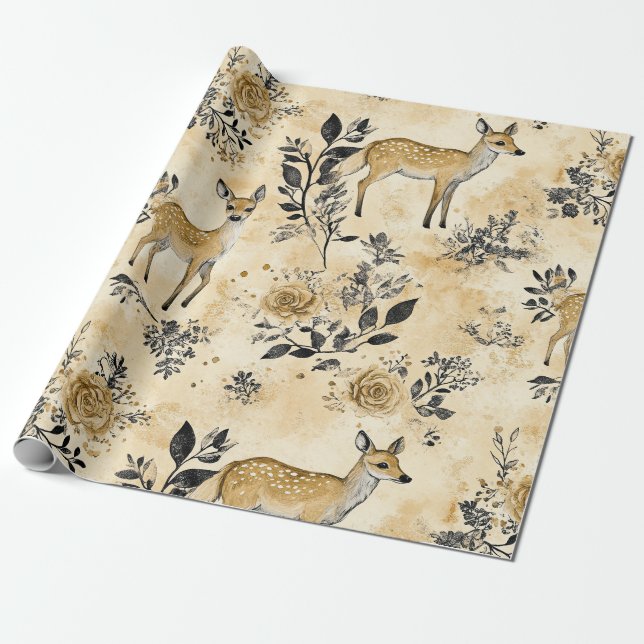 Papel De Presente Padrão de Fawn da Floresta Caprichosa (Desenrolado)