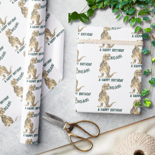 Papel De Presente Padrão de Feliz Aniversário Rugido de Dinossauro T