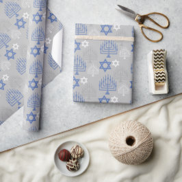 Papel De Presente Padrão de Feriado de Chanucá Azul Elegante