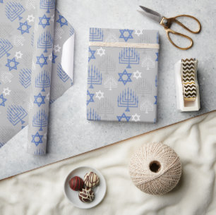 Papel De Presente Padrão de Feriado de Chanucá Azul Elegante