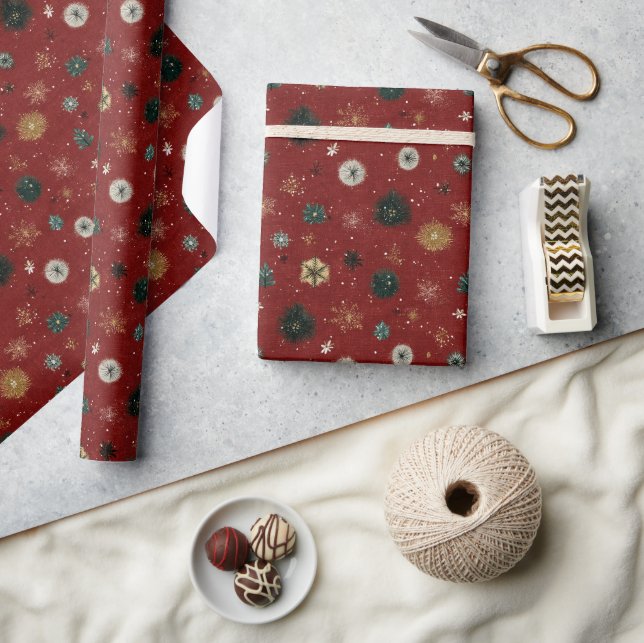 Papel De Presente Padrão de Feriado Vermelho com Flocos de Neve (Artesanato)
