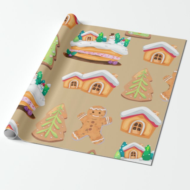 Papel De Presente Padrão de Férias da Aldeia do Gingerpão (Desenrolado)