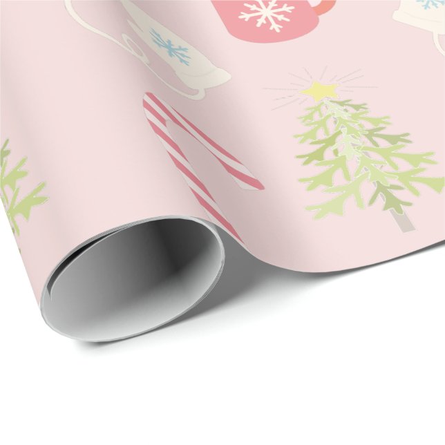 Papel De Presente Padrão de Férias de Natal Cor-de-Rosa (Ponta do rolo)