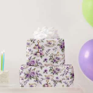 Papel De Presente Padrão de Festa de Chá Roxo Vintage