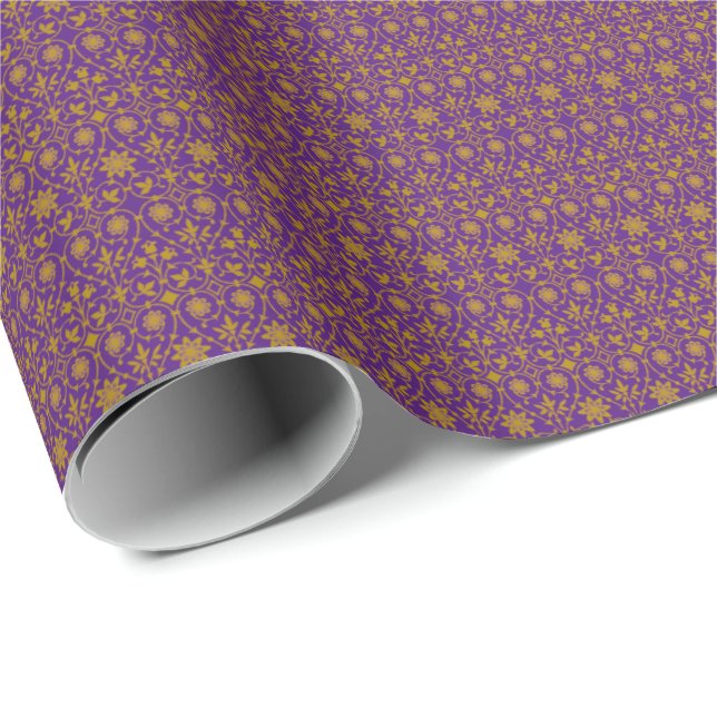 Papel De Presente Padrão de Filigrana Real Roxo e Dourado  (Ponta do rolo)
