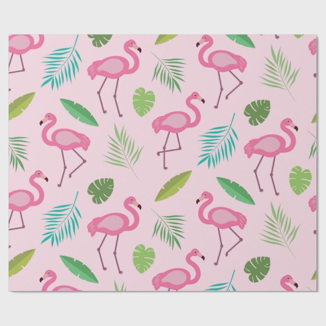 Papel De Presente Padrão de Flamingo Rosa com folhas Tropicais  (Aberto)