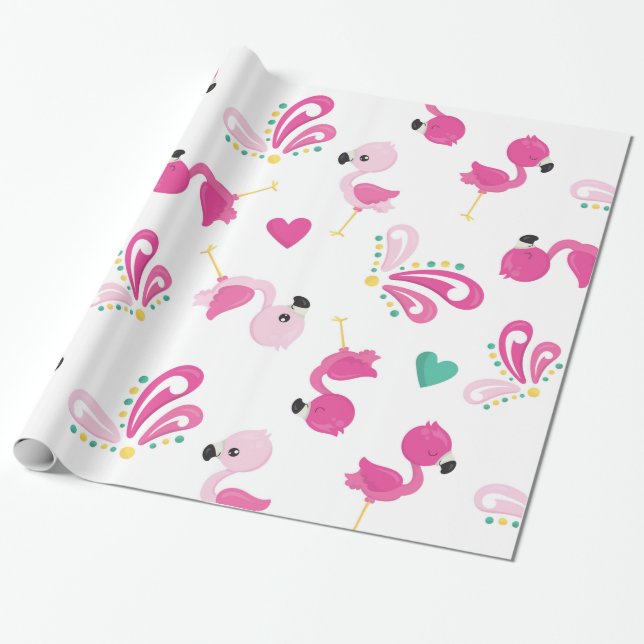 Papel De Presente Padrão de Flamingo Rosa Whimsical (Desenrolado)