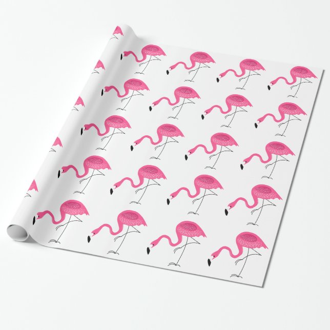 Papel De Presente Padrão de Flamingos Branco e Rosa (Desenrolado)