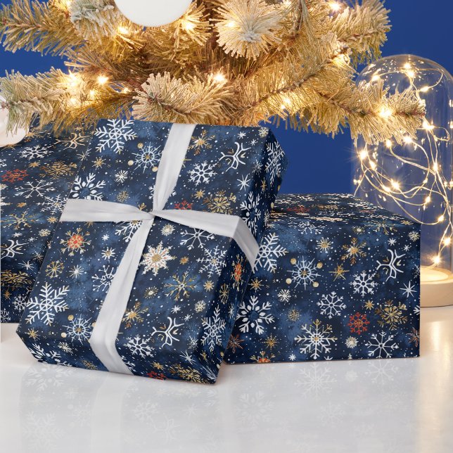 Papel De Presente Padrão De Floco De Neve Azul E Dourado Com Estrela (Feriados)