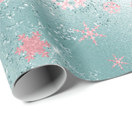 Papel De Presente Padrão de Floco de Neve Azul-Rosa Elegante