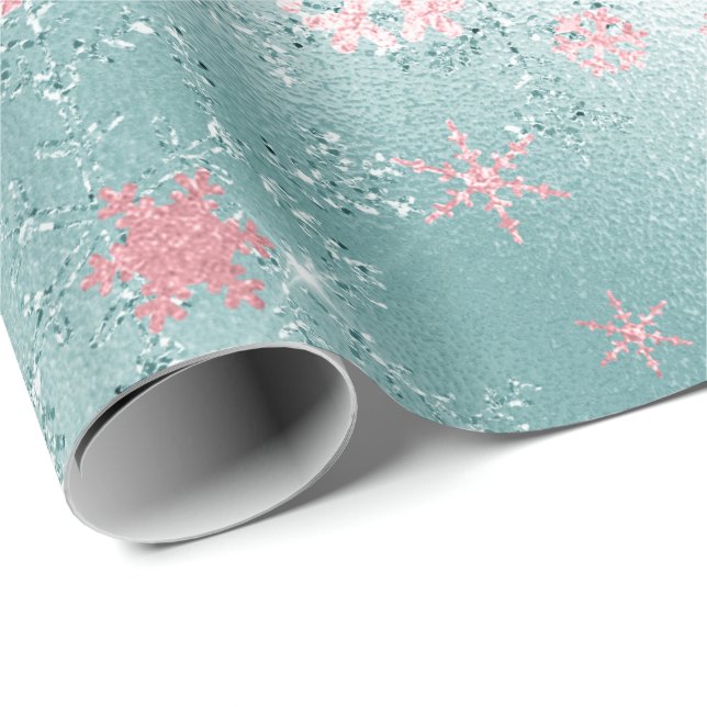 Papel De Presente Padrão de Floco de Neve Azul-Rosa Elegante (Ponta do rolo)