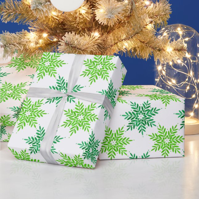 Papel De Presente Padrão de Floco de Neve de Aquarela Verde (Feriados)