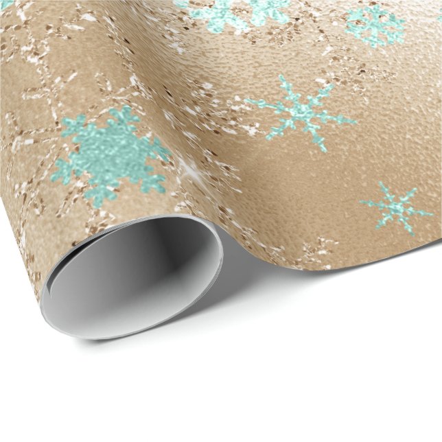 Papel De Presente Padrão de Floco de Neve de Natal Dourado e Mint (Ponta do rolo)