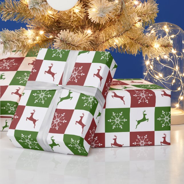 Papel De Presente Padrão de floco de neve de renas vermelhas e verde (Feriados)