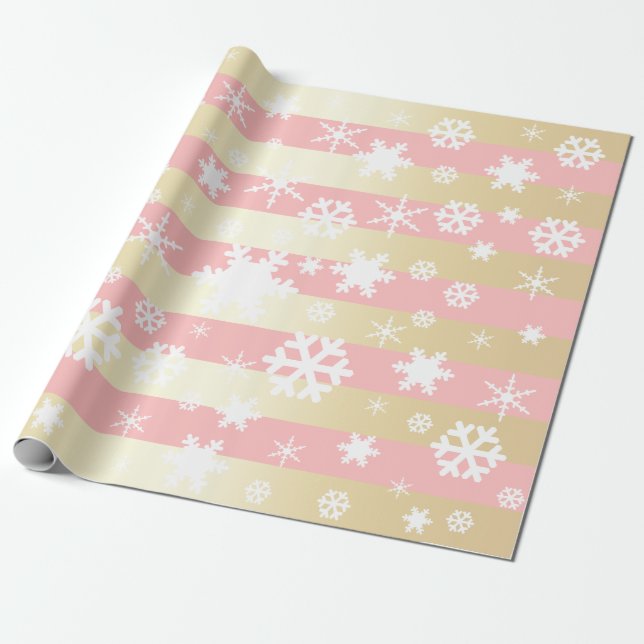Papel De Presente Padrão de Floco de Neve Dourado e Rosa elegante (Desenrolado)