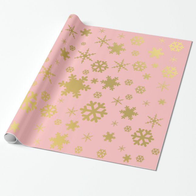 Papel De Presente Padrão de Floco de Neve Dourado e Rosa elegante (Desenrolado)