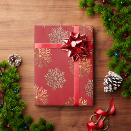 Papel De Presente Padrão de floco de neve dourado elegante vermelho 