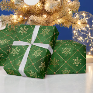 Papel De Presente Padrão de Floco de Neve Verde Elegante com Acentos