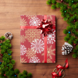 Papel De Presente Padrão de Floco de Neve Vermelho Dourado Elegante