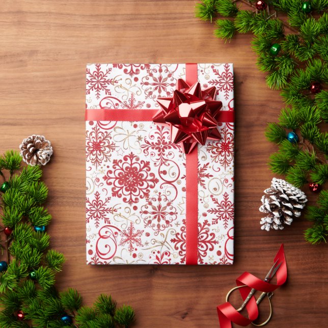 Papel De Presente Padrão de Floco de Neve Vermelho e Dourado (Presente de Natal)