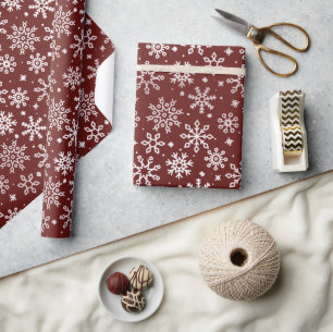 Papel De Presente Padrão de Floco de Neve Vermelho Escuro de Inverno