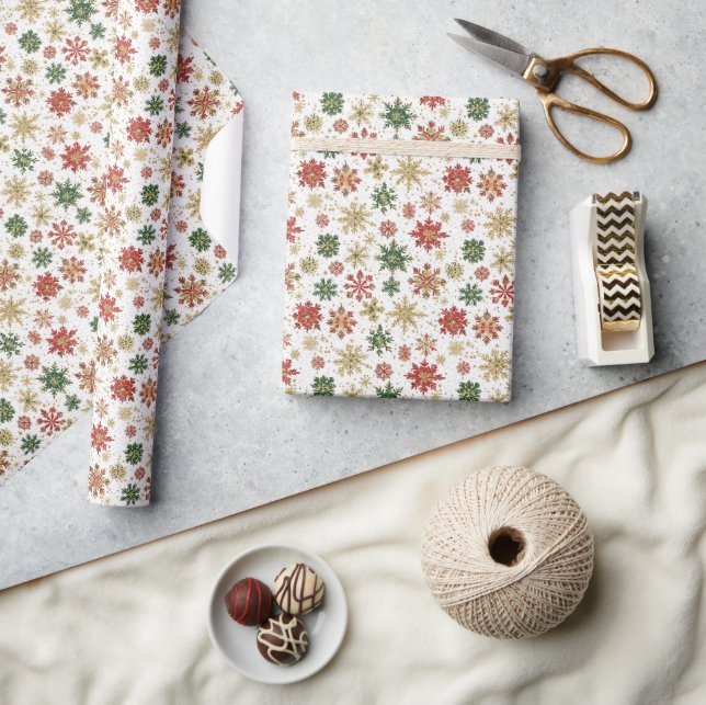 Papel De Presente Padrão de Floco de Neve Vermelho, Verde e Dourado (Artesanato)