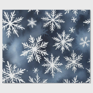 Papel De Presente Padrão de Flocos de Neve em Aquarela em Azul Naval