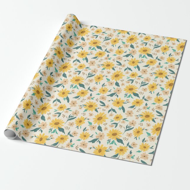 Papel De Presente Padrão de Flor Amarelo (Desenrolado)