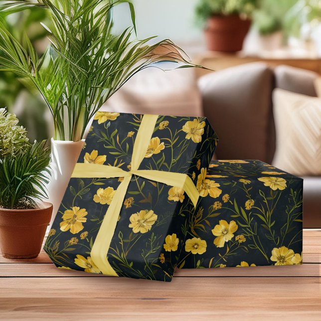 Papel De Presente Padrão de Flor Amarelo Elegante (Criador carregado)