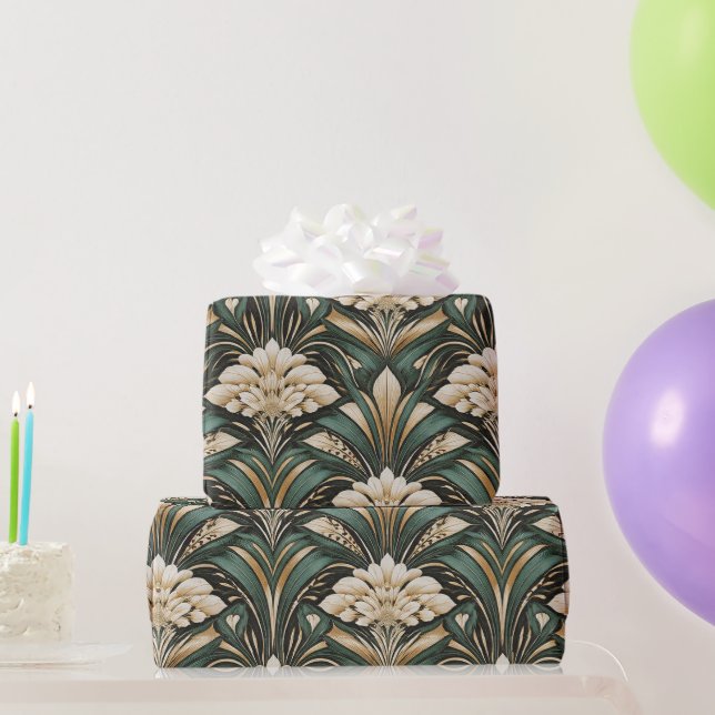 Papel De Presente Padrão de Flor Art Déco Esmeralda Dourada (Presentes para festas)