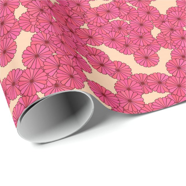 Papel De Presente Padrão de flor Art Deco - rosa profundo e pêssego (Ponta do rolo)