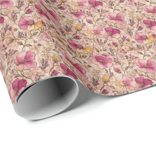 Papel De Presente Padrão de Flor Botânica Rosa Delicada (Ponta do rolo)