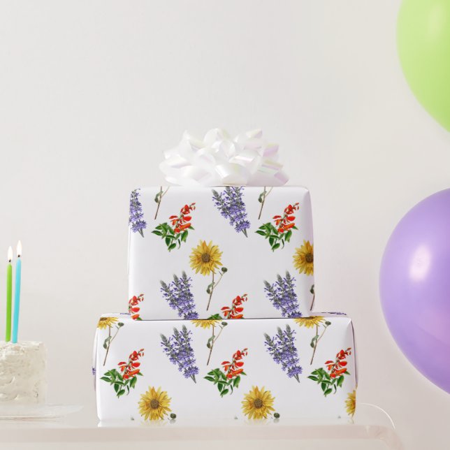 Papel De Presente Padrão de Flor de Cardinal Flor Lavanda Girassol  (Presentes para festas)