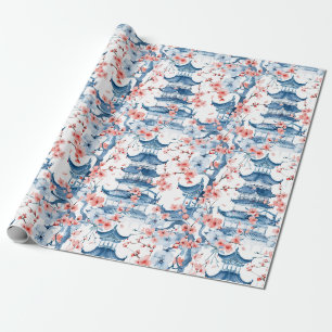 Papel De Presente Padrão de Flor de Cerejeira de Pagode Chinesa Azul