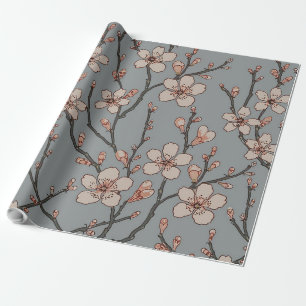 Papel De Presente Padrão de Flor de Cinza e Rosa Vintage