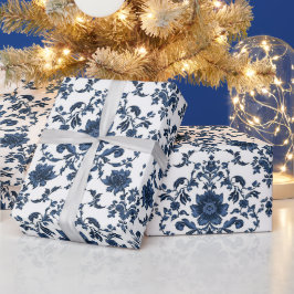 Papel De Presente Padrão de Flor de Damasco Vitoriano Elegante Azul 