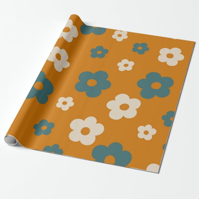 Papel De Presente Padrão de Flor de Hippie Azul Preppy Brown (Desenrolado)