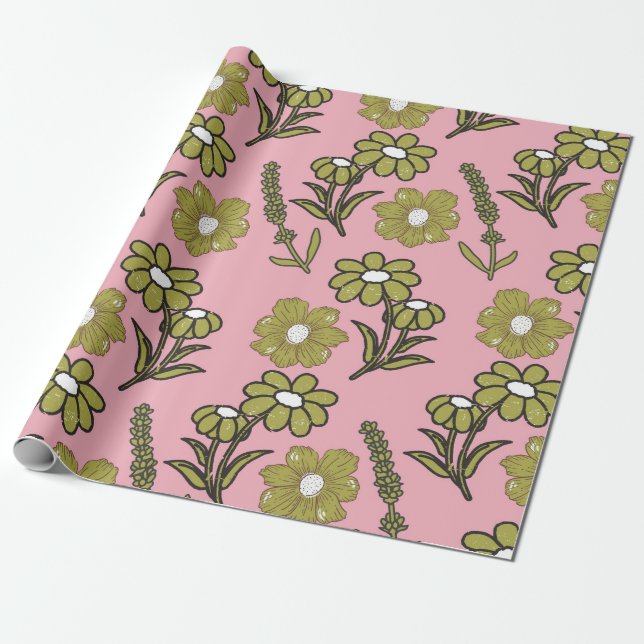 Papel De Presente Padrão de Flor de Hippie Funky Y2K Retro Rosa Verd (Desenrolado)