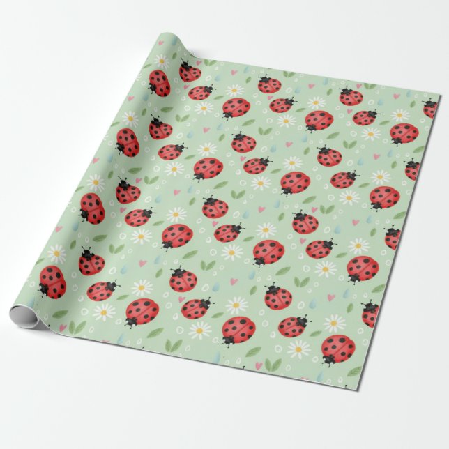 Papel De Presente Padrão de Flor de Joaninha (Desenrolado)