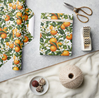 Papel De Presente Padrão de Flor de Laranja Botânica Vintage