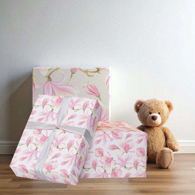 Papel De Presente Padrão de Flor de Magnólia Rosa Elegante Aquarela (Elegant Pink Magnolia Flower Pattern Watercolor Wrapping Paper)