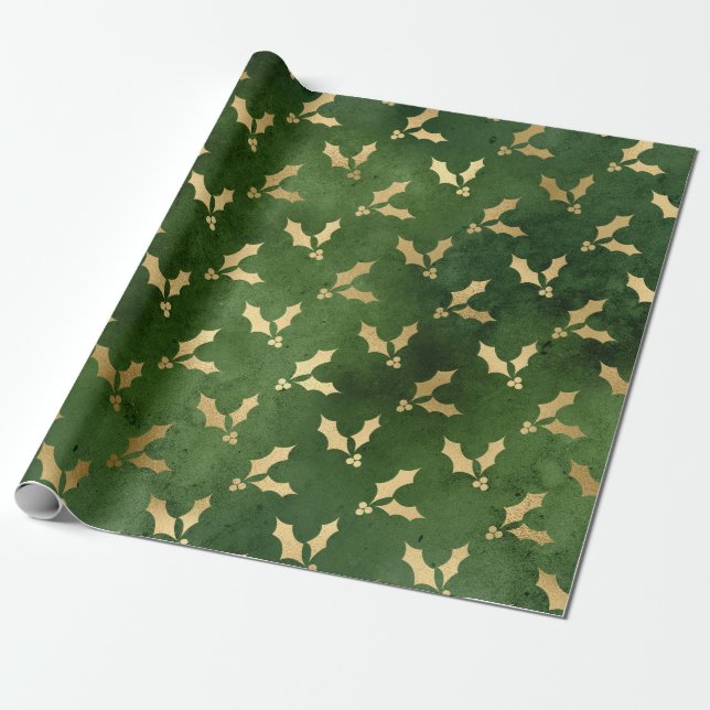 Papel De Presente Padrão de flor de Natal elegante, verde e dourado (Desenrolado)
