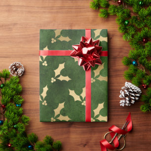 Papel De Presente Padrão de flor de Natal elegante, verde e dourado