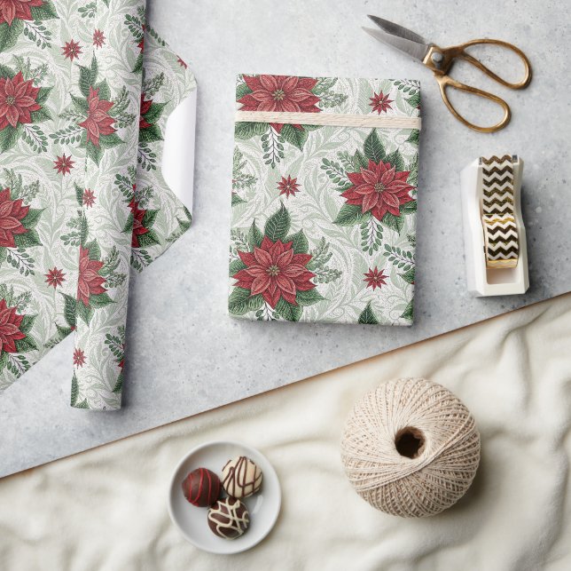 Papel De Presente Padrão de Flor de Natal Toile Verde Bonito Vermelh (Artesanato)
