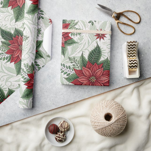 Papel De Presente Padrão de Flor de Natal Vermelha Toile Verde Bonit (Artesanato)